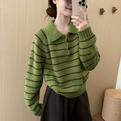 话里复古POLO领条纹毛衣