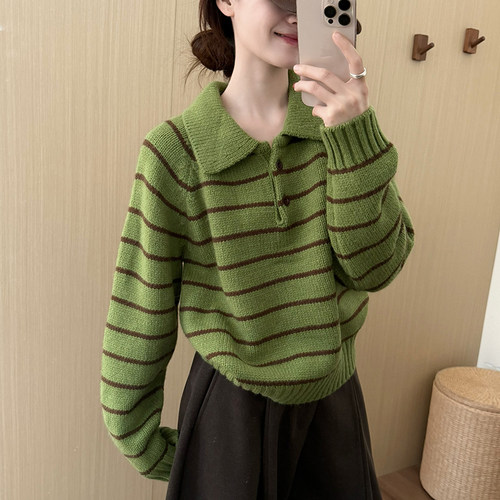 话里复古POLO领条纹毛衣