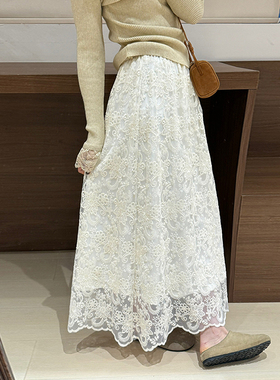 话里淑女风蕾丝半裙2025冬季新款韩版高腰显瘦减龄气质半身裙女