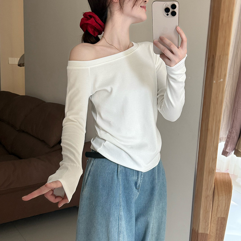 话里设计感甜美气质斜肩T恤2026春季新款韩版休闲长袖上衣内搭女