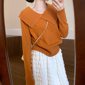 话里甜美气质钉珠娃娃领上衣2026春季 宽松显瘦减龄针织衫 新款 韩版