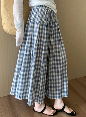 话里小清新高腰格子半裙2025夏季新款韩版百搭收腰显瘦休闲伞裙女