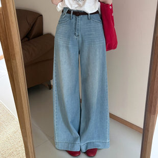常规腰宽松显瘦直筒长裤 话里三角腰腰带牛仔裤 韩版 新款 女 2026春季