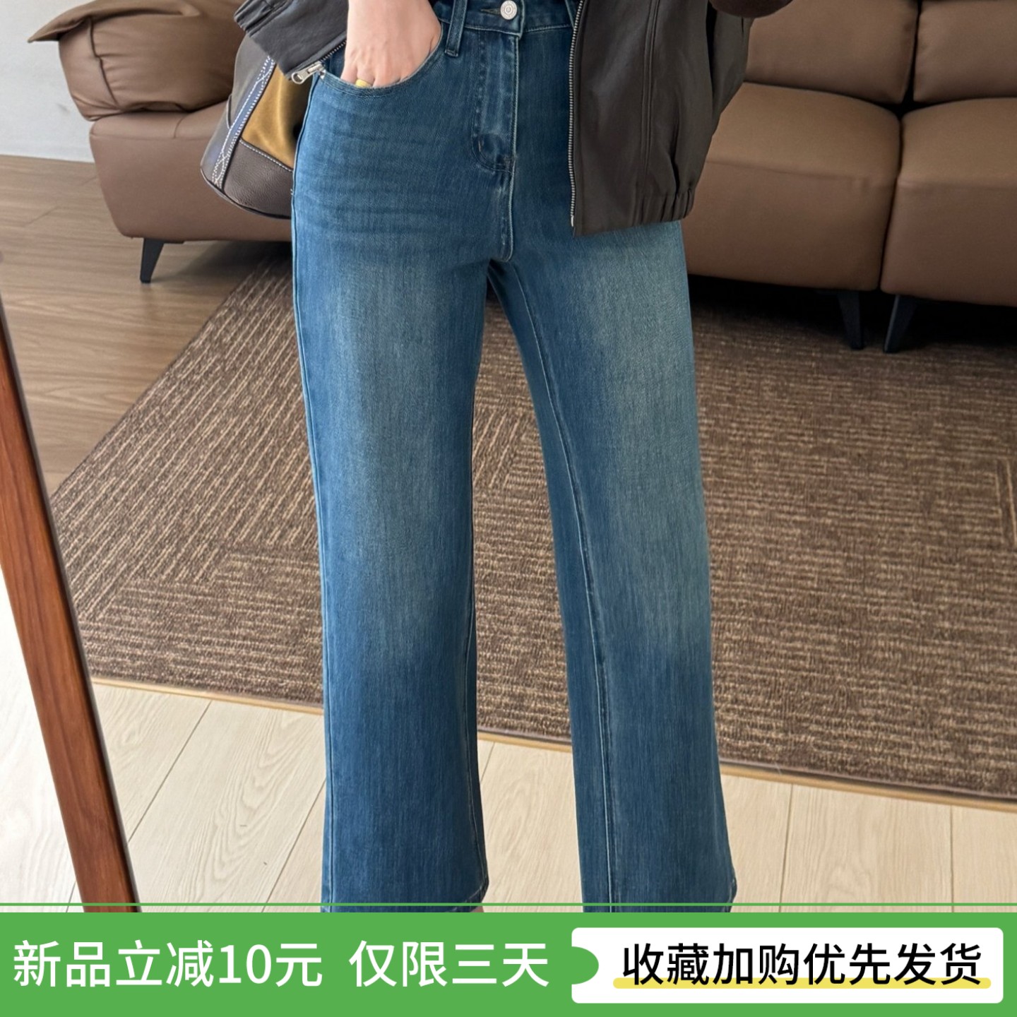 话里四面弹巨显瘦烟管牛仔裤女九分高腰百搭显瘦复古蓝微喇裤子图片