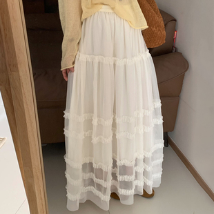 话里高腰显瘦网纱蛋糕裙2026春季新款韩版百搭休闲甜美长款裙子女