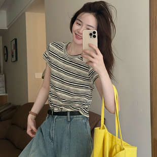 修身 话里气质甜美弹力条纹短袖 韩版 新款 显瘦百搭上衣女 2026春季