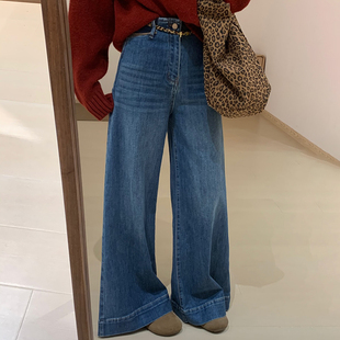话里时尚豹纹腰带牛仔裤2026春季新款韩版宽松显瘦微喇阔腿长裤女