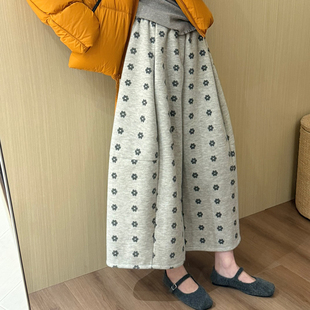 话里高腰显瘦花朵裤2025冬季韩版休闲简约风百搭减龄直筒阔腿长裤