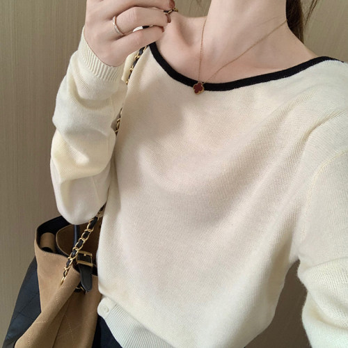 话里时尚大圆领拼色上衣2026春季新款韩版休闲显瘦简约风减龄长袖