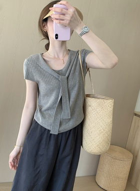 话里经典印花绑带短袖2026夏季新款韩版百搭休闲气质上衣T恤女
