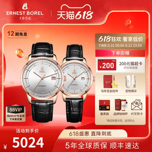 情侣对表皮带间金表盘机械表