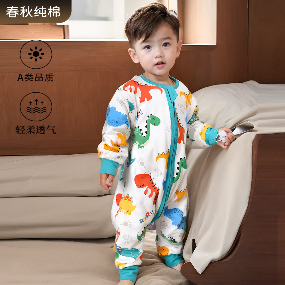 超人豆豆春秋卡通双层棉质婴幼儿分腿睡袋防踢被儿童连体睡衣