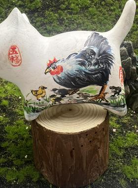 原创手绘工艺潮品雄鸡摆件10cm檀木国风纯手工绘画孤品创意摆件