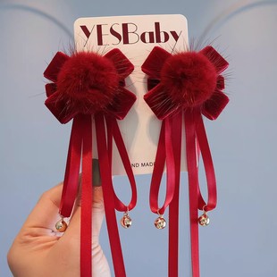 过新年喜庆汉服发夹儿童可爱毛球丝绒蝴蝶结国风飘带对夹公主头饰