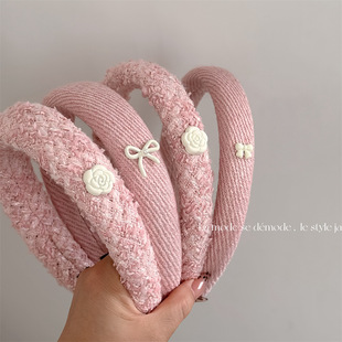 粉色系甜美小香风山茶花发箍高颅顶头箍压发气质蝴蝶结头饰发饰