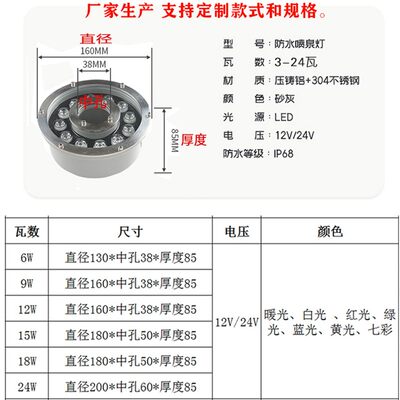 涌泉水环灯防水孔 形LED灯射灯底七彩24V水池灯喷泉12V中水景鱼池