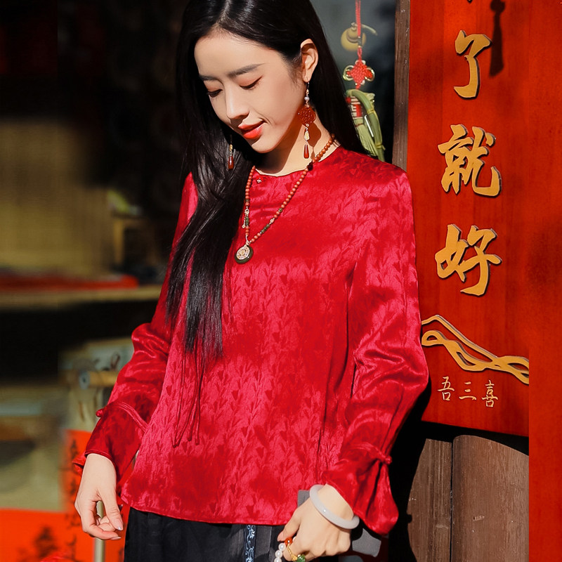 “拜年服7”100桑蚕丝提花缎中式半开襟过年新衣红色小衫241C5133