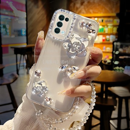 适用oppoReno12手机壳15新款14气质9pro+全包摄像头13奢华10闪钻山茶花Reno11带挂绳7防摔5高档6se网红13女