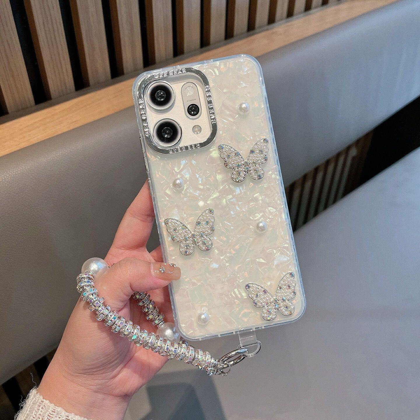 适用oppoReno14pro手机壳立体珍珠蝴蝶新款findx8s+全包防摔RENO13PRO高级感X8挂链x7ultra轻奢女0pp0
