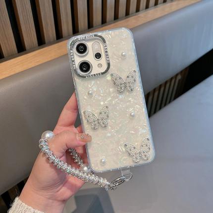 适用oppoReno14pro手机壳立体珍珠蝴蝶新款findx8s+全包防摔RENO13PRO高级感X8挂链x7ultra轻奢女0pp0