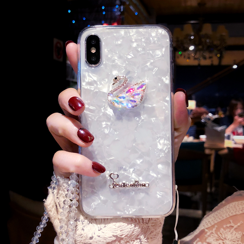 适用适用于天鹅水钻iphonex手机壳女苹果8全包防摔6splus水晶挂绳