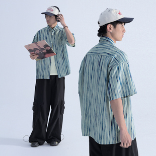 男复古衬衣夏季 Mentmate 短袖 印花渐变马赛克蓝条纹衬衫 小众数码