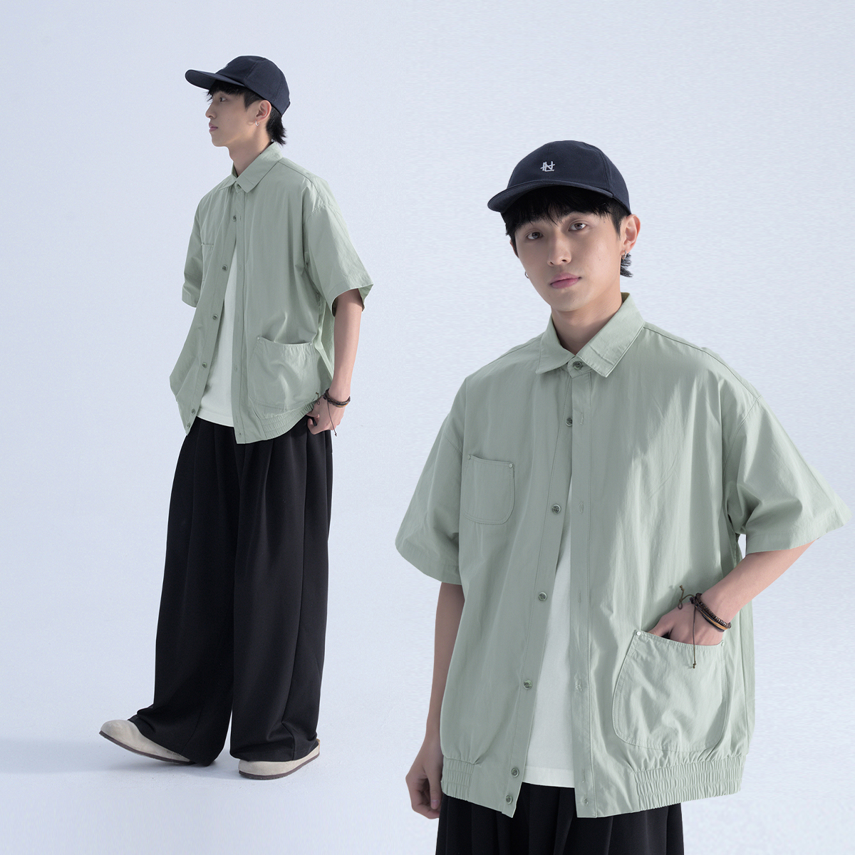 简约百搭通勤下摆松紧衬衫潮男夏