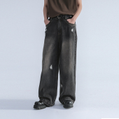 休闲百搭通勤宽松长裤 男女 春夏无弹复古破洞设计牛仔裤 Mentmate