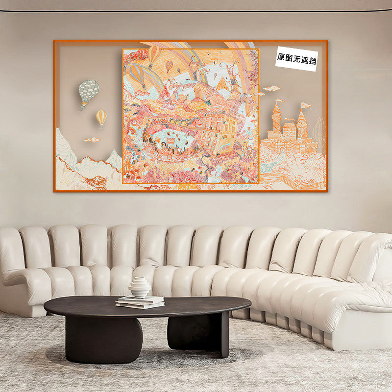 暖橙色热气球城堡丝巾装饰画 现代轻奢立体框客厅沙发背景墙挂画