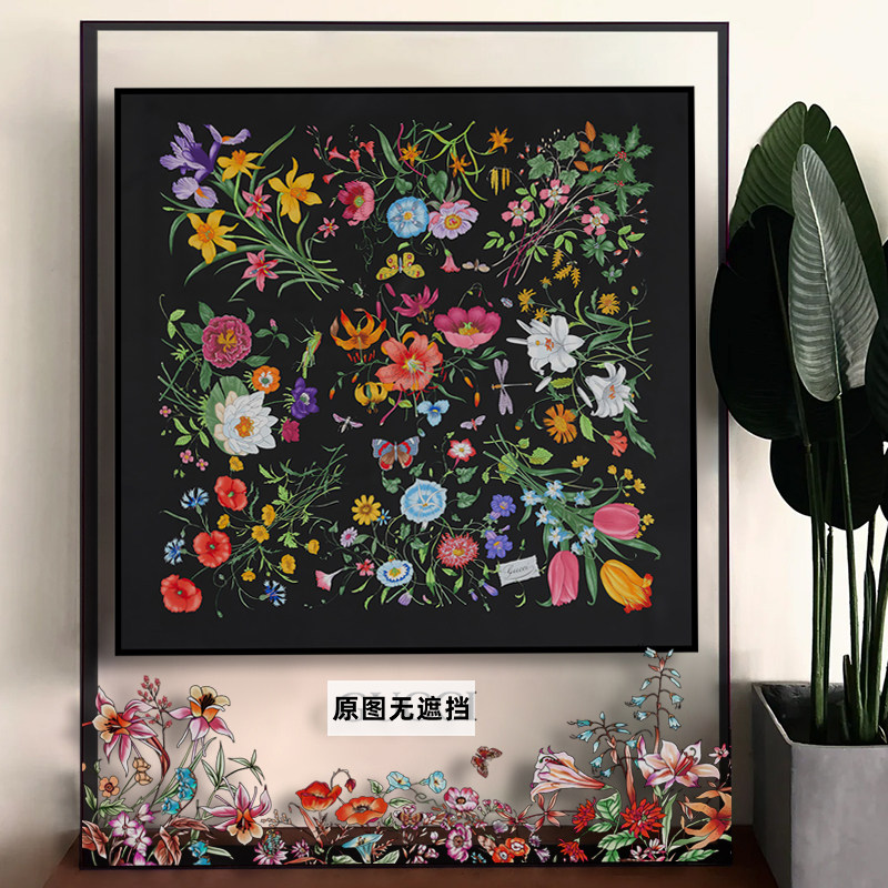 客厅高级亚克力框装饰画玄关小清新花卉丝巾装裱挂画卧室潮流摆画