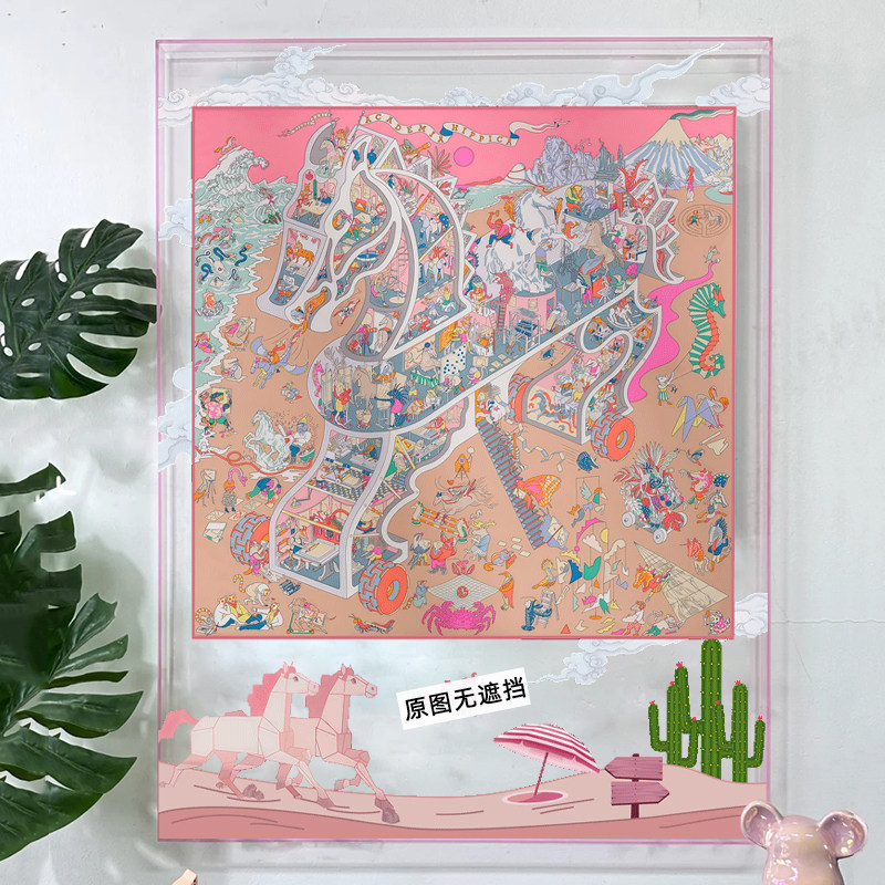 酒店大堂高档亚克力框装饰画别墅马术学院丝巾装裱挂画客厅落地画