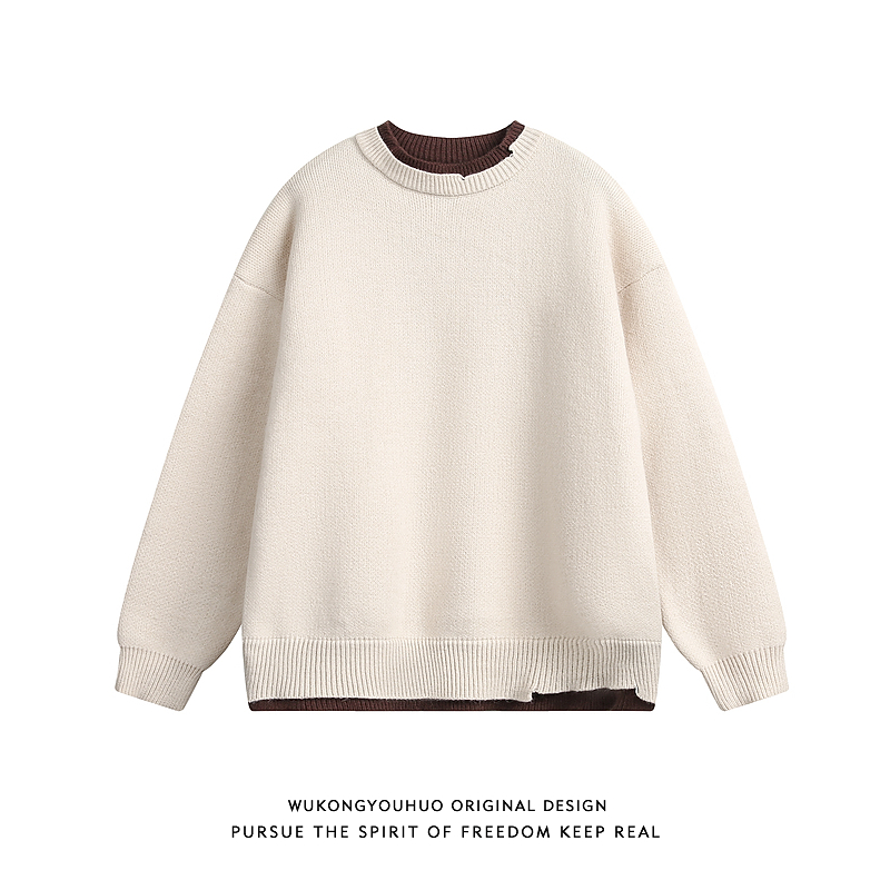 冬季复古拼色假两件圆领毛衣男