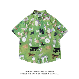 男ins原宿风休闲情侣衬衣 衬衫 悟空有货夏季 趣味动物乐园满印短袖