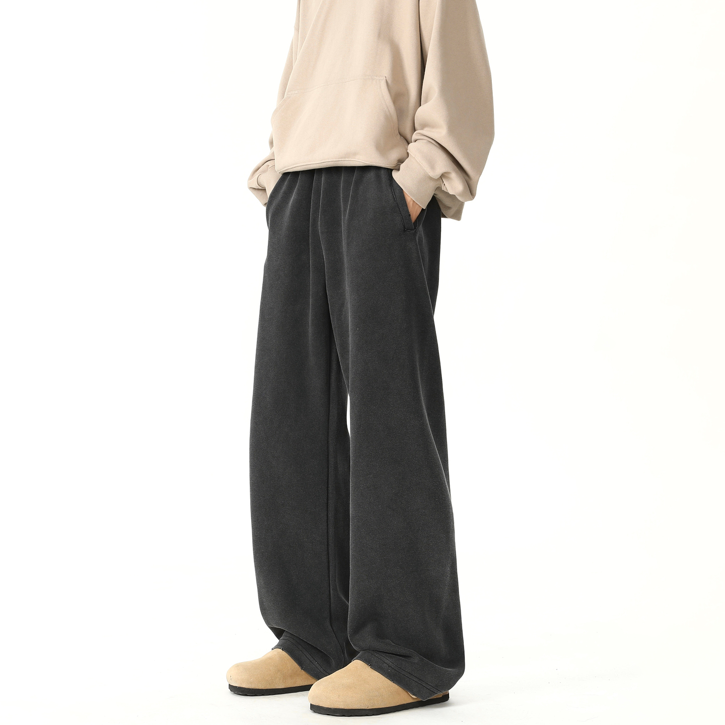 潮牌美式水洗黑重磅垂感休闲裤男