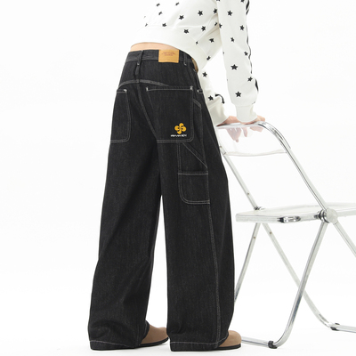 潮牌美式简约刺绣直筒牛仔裤男