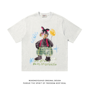 悟空有货美式 T恤男潮牌宽松情侣休闲百搭tee 嘻哈趣味卡通印花短袖
