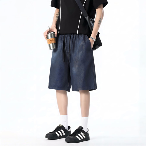 潮牌纯色抽绳松紧做旧休闲短裤男