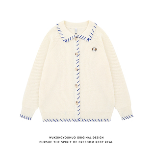 悟空有货秋冬复古趣味贴标开衫 外套 毛衣男潮牌拼色勾线情侣针织衫