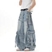 男女复古宽松直筒阔腿百搭长裤 悟空有货美式 高街多口袋弯刀牛仔裤