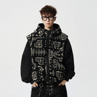 悟空有货潮牌冬季复古羊羔绒连帽棉衣马甲男宽松情侣保暖休闲马夹