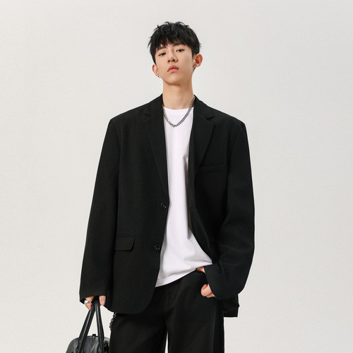 美式复古黑色休闲西装男秋季