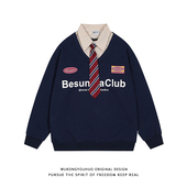 悟空有货复古学院风字母印花长袖 男女春秋宽松情侣翻领卫衣 POLO衫