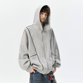 悟空有货辑明线撞色拉链连帽开衫 卫衣男女潮牌宽松廓形空气层外套