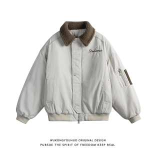 悟空有货潮牌美式 复古宽松情侣保暖棉衣 刺绣字母翻领棉服男女冬季