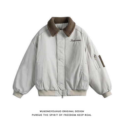 潮牌美式刺绣字母翻领棉服男女