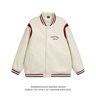 休闲外套 宽松情侣装 悟空有货美式 复古刺绣撞色毛呢棒球服男女秋季