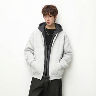 悟空有货潮牌美式假两件拼接开衫连帽卫衣男复古宽松情侣帽衫外套