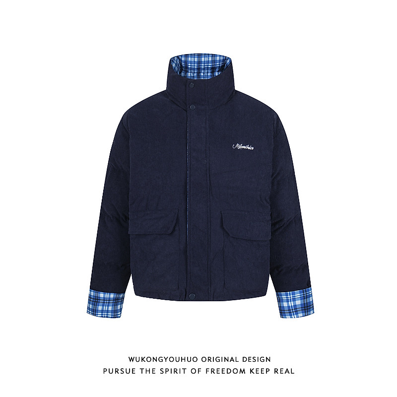 冬季格子灯芯绒立领加厚棉服男