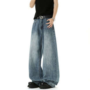 男潮牌宽松百搭休闲直筒长裤 悟空有货美式 复古蓝色水洗阔腿牛仔裤