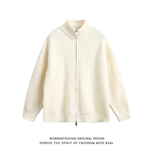 悟空有货街头复古粗坑纹理半高领开衫毛衣男潮牌宽松情侣针织外套